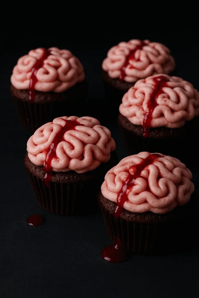 Halloween brain cupcakes with raspberry sauce