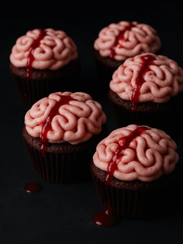Halloween brain cupcakes with raspberry sauce