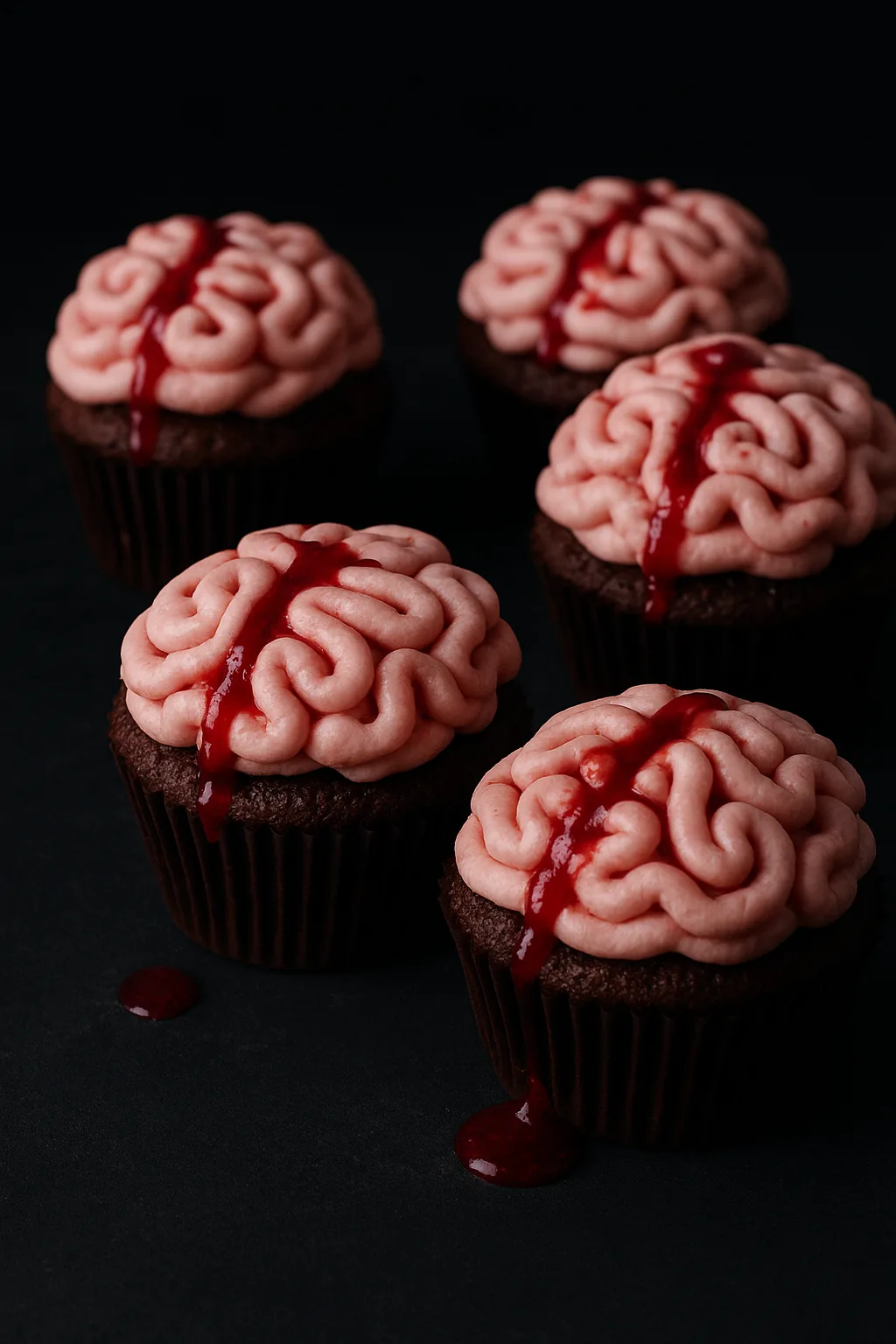 Halloween brain cupcakes with raspberry sauce