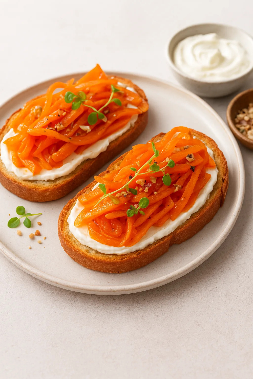 Морквяні тости з крем-сиром і карамелізованою морквою