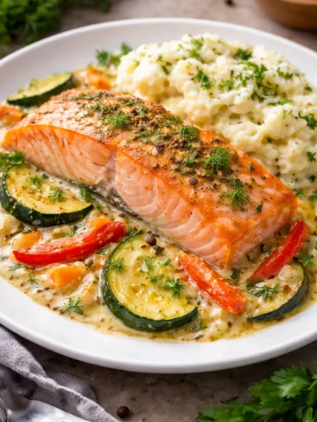 Філе червоної риби у вершково-гірчичному соусі з овочами