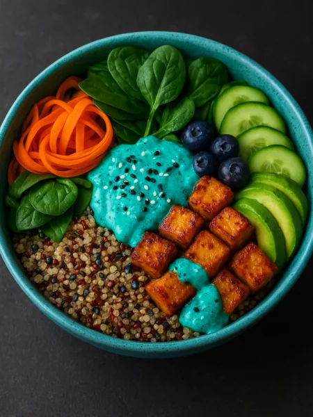 Галактична Кіноа-Чаша з Хрустким Тофу та Неоновим Соусом Юзу