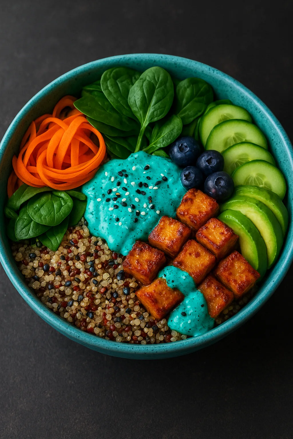 Галактична Кіноа-Чаша з Хрустким Тофу та Неоновим Соусом Юзу