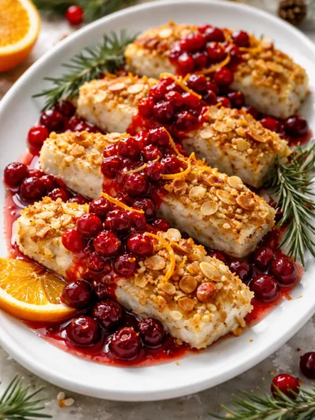 Хек у мигдально-цитрусовій скоринці з журавлинним соусом