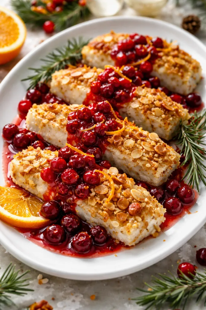 Хек у мигдально-цитрусовій скоринці з журавлинним соусом