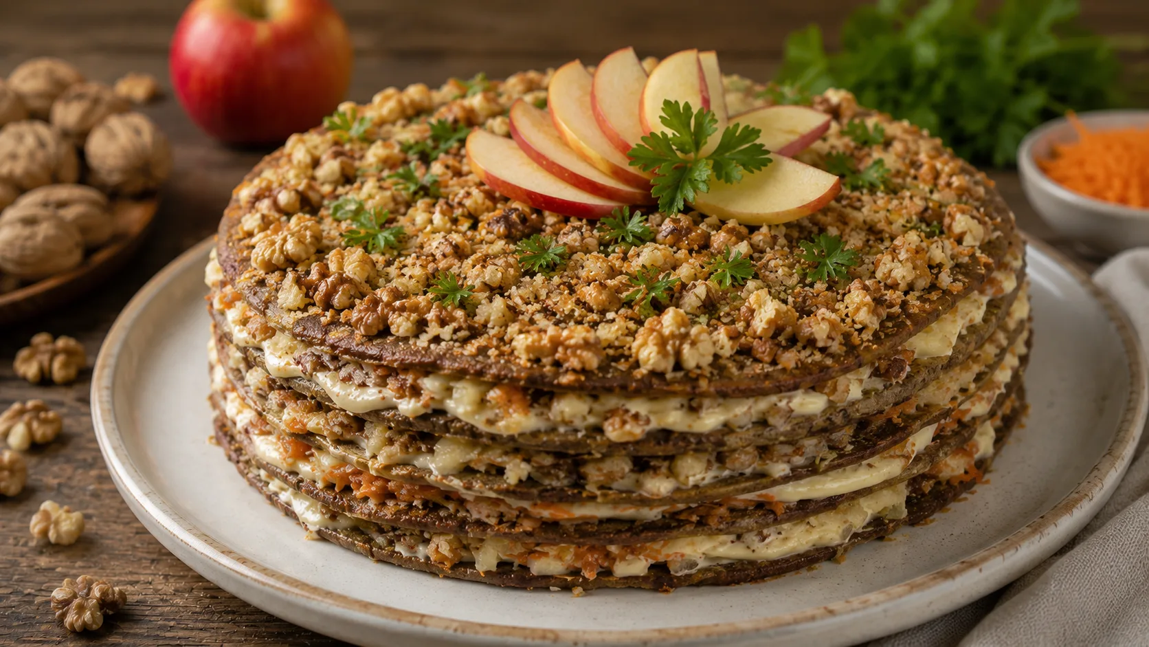 Печінковий торт з яблуком і горіхами