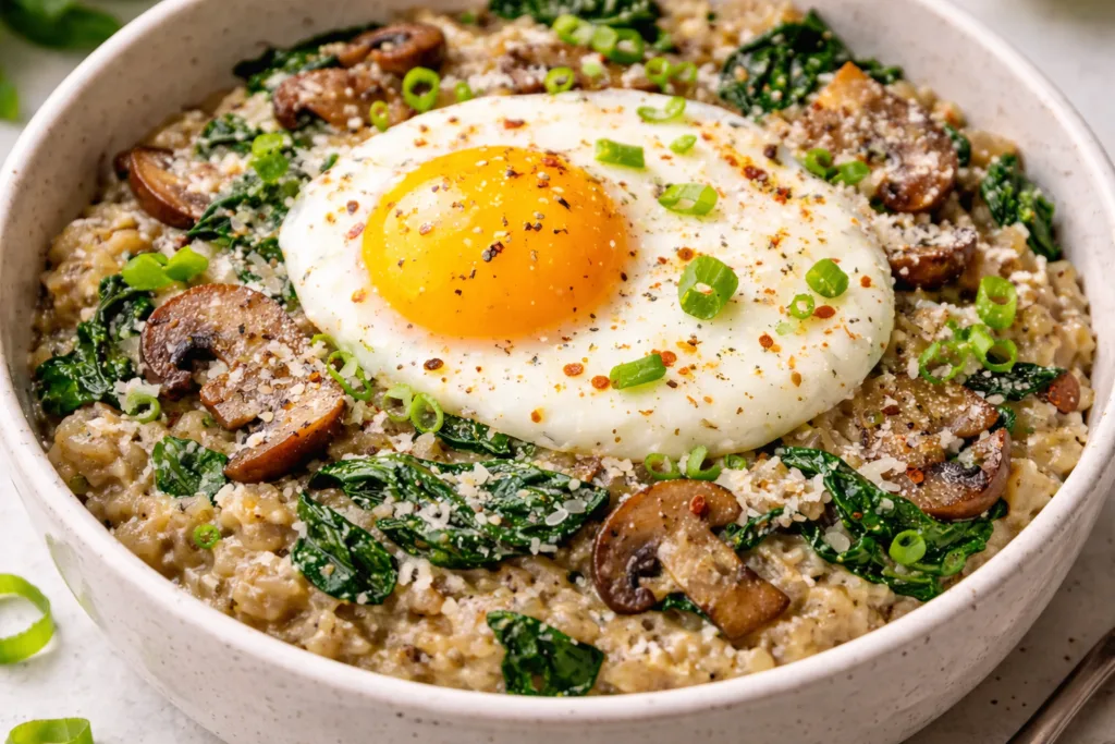 Солона вівсянка зі шпинатом, грибами та яйцем