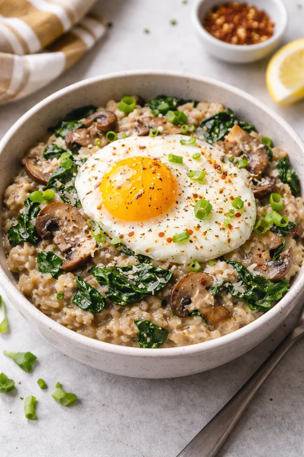 Солона вівсянка зі шпинатом, грибами та яйцем