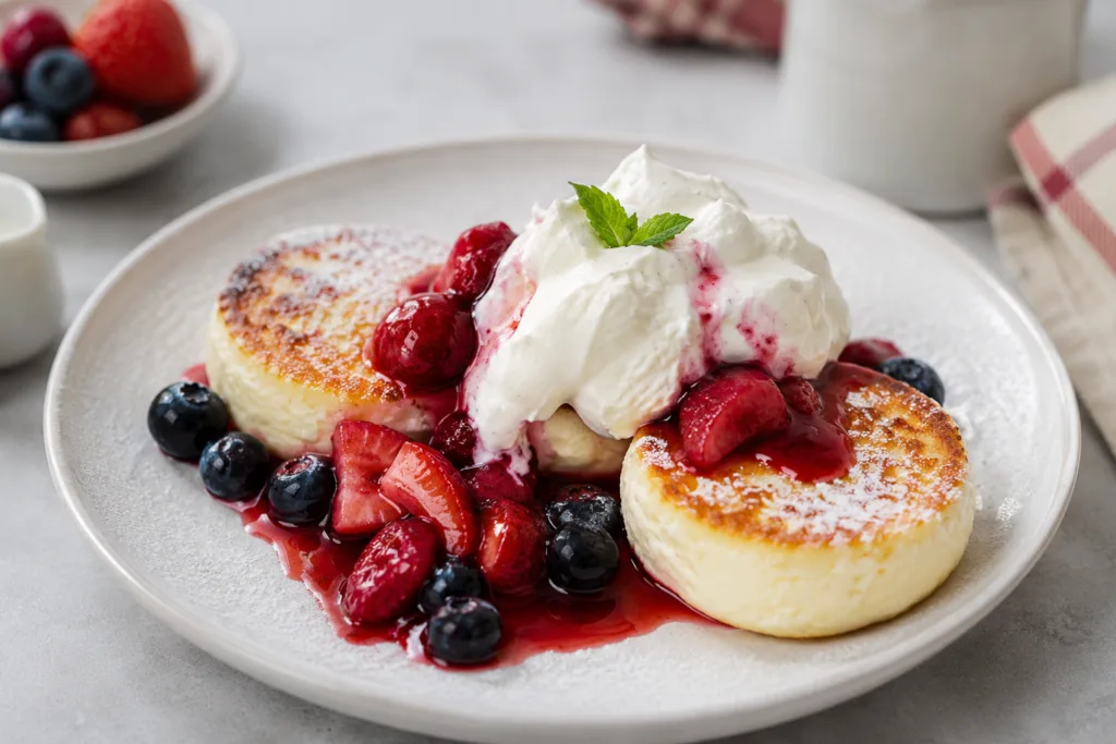 Fluffy cheese pancakes with vanilla cream and warm berries