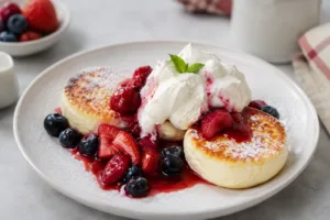 Fluffy cheese pancakes with vanilla cream and warm berries