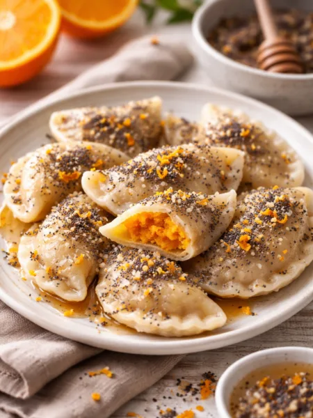 Вареники з гарбузом, апельсиновою цедрою та маково-медовою крихтою