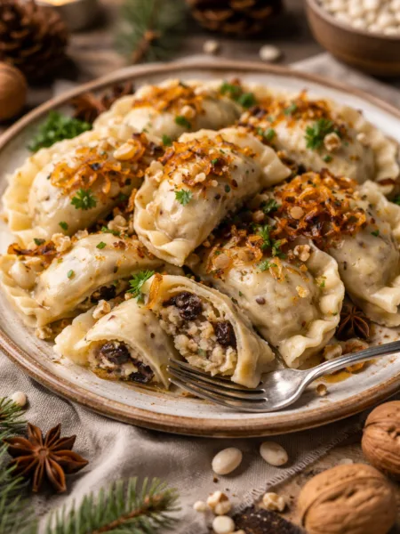 Вареники з квасолею, чорносливом і карамелізованою цибулею