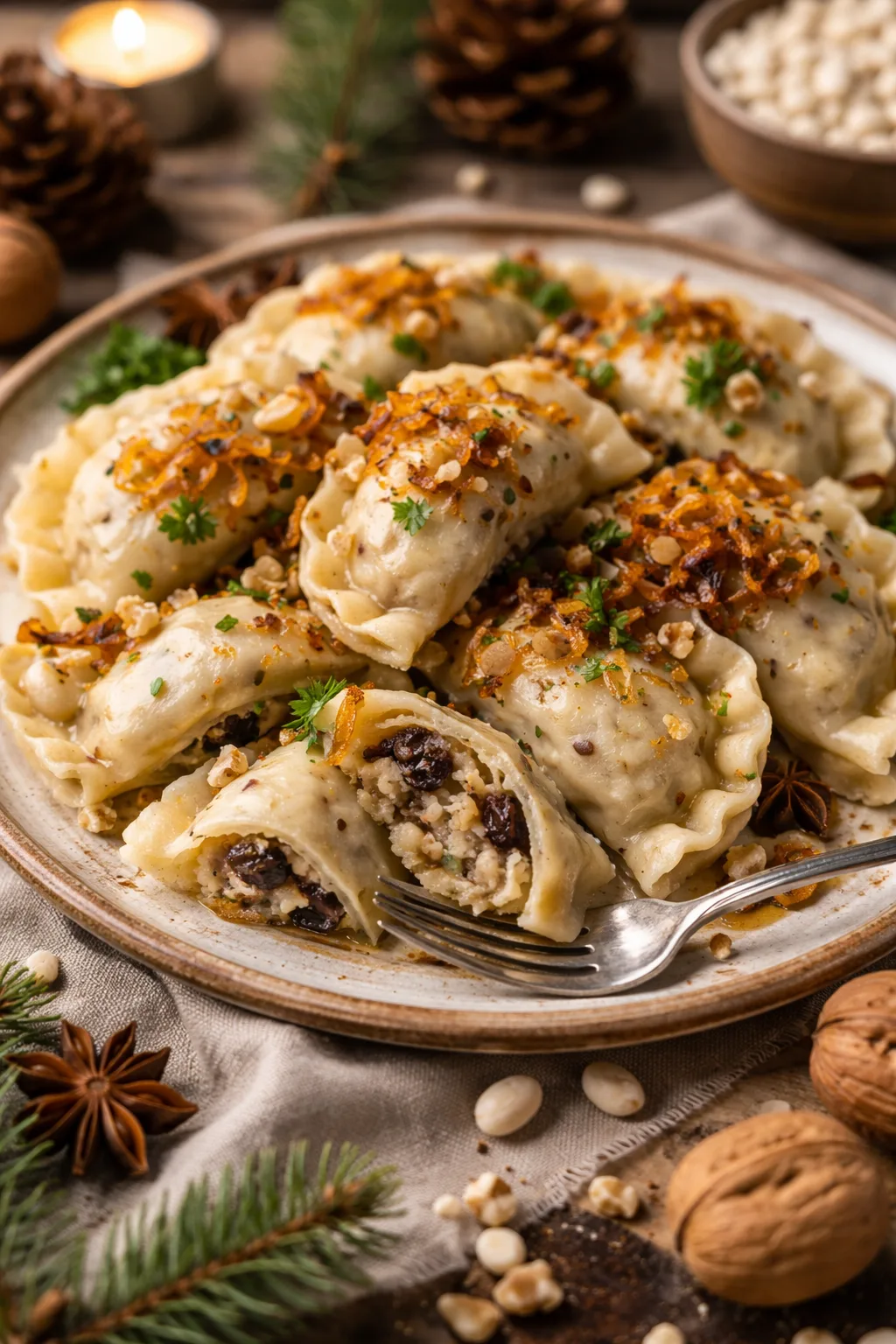 Вареники з квасолею, чорносливом і карамелізованою цибулею