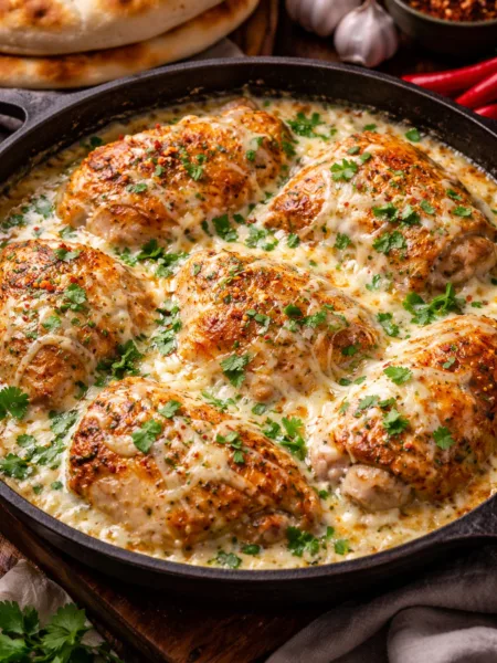 Чкмерулі з вершково-часниковим соусом і сулугуні