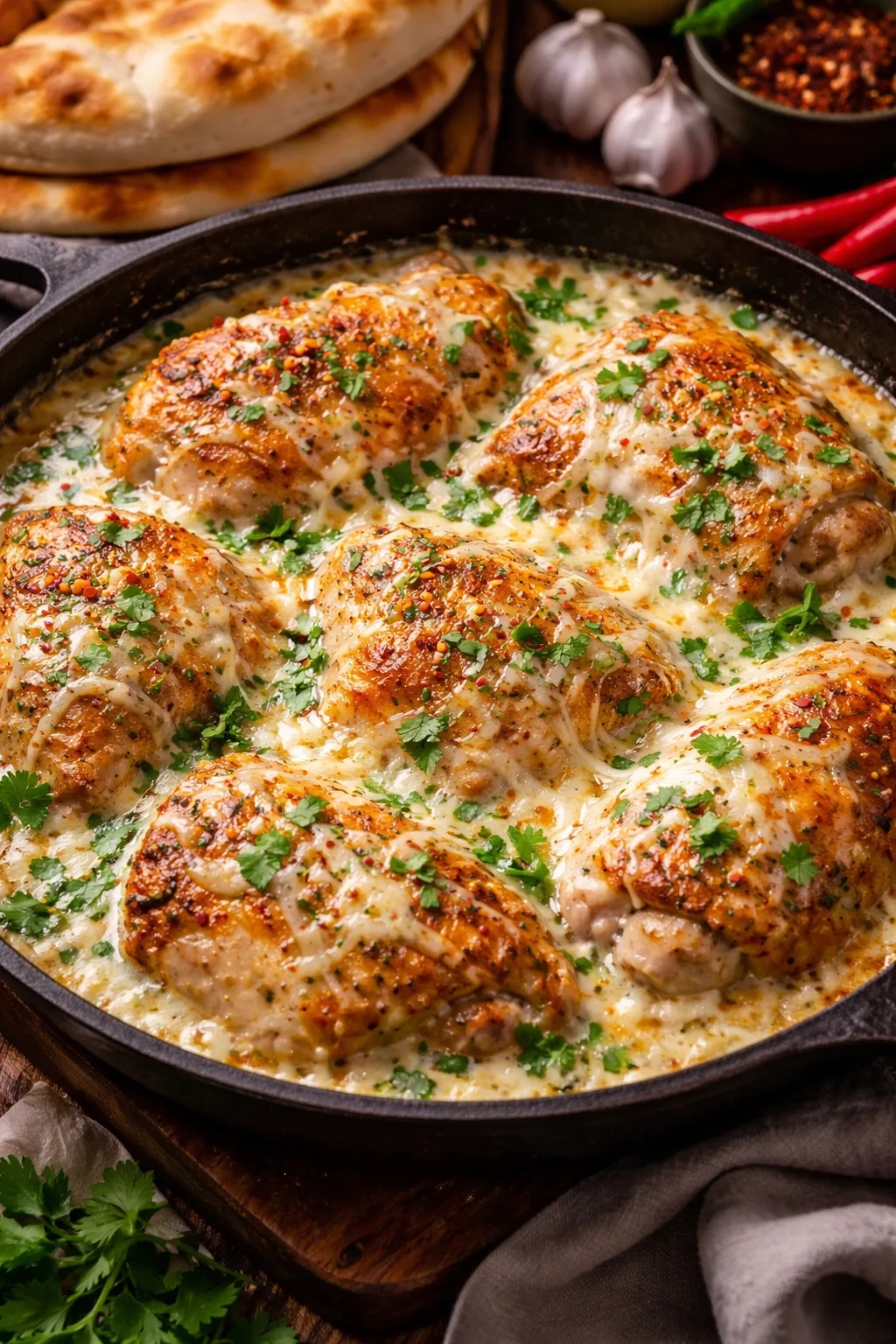 Чкмерулі з вершково-часниковим соусом і сулугуні