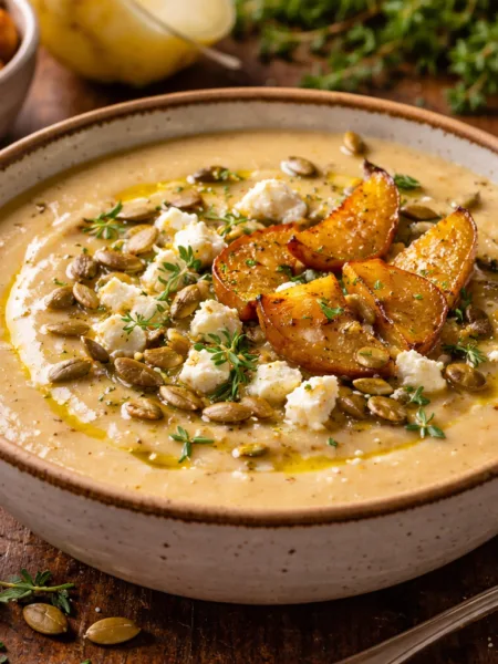 Крем-суп із печеного пастернаку з грушею та часником