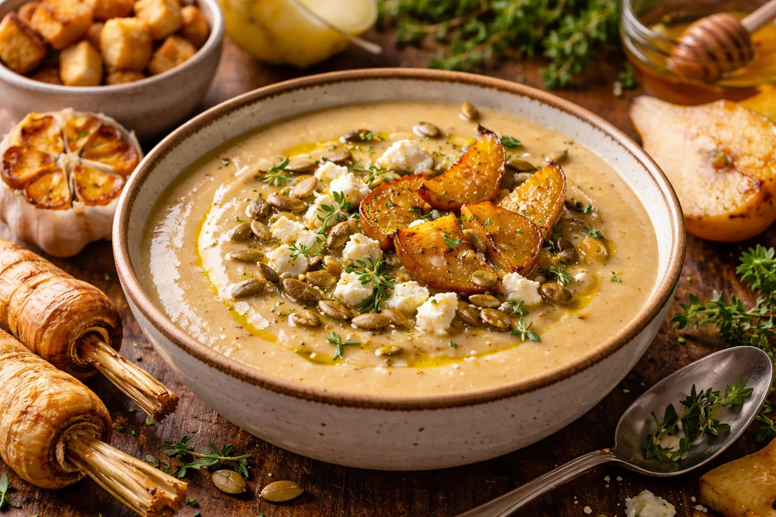 Крем-суп із печеного пастернаку з грушею та часником