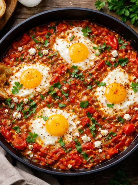 Сучасна шакшука з томатами, болгарським перцем та фетою
