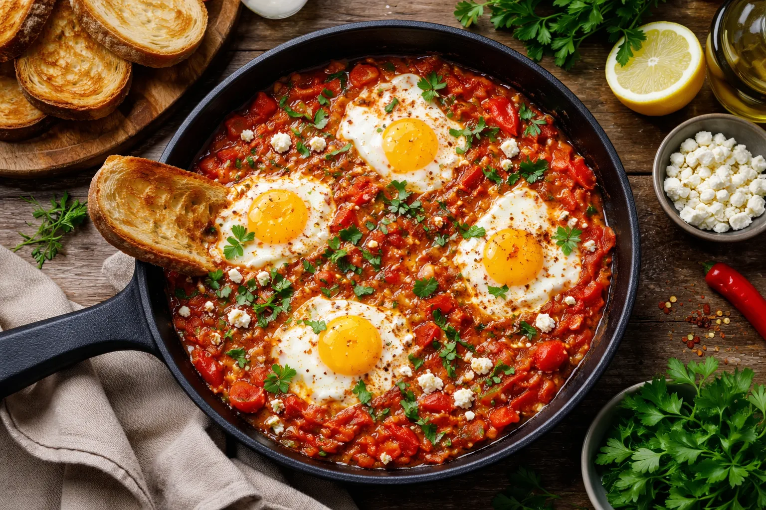 Сучасна шакшука з томатами, болгарським перцем та фетою
