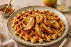 Crispy Cheese & Oat Waffles with Caramelized Pears