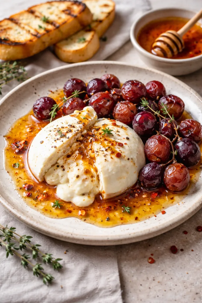 Кремова буррата з запеченим виноградом і медом з чилі