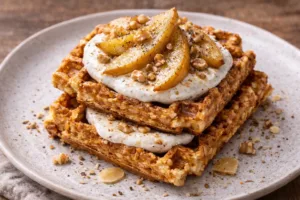 Хрусткі сирно-вівсяні вафлі з карамелізованою грушею