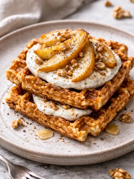 Сирно-вівсяні вафлі з карамелізованою грушею