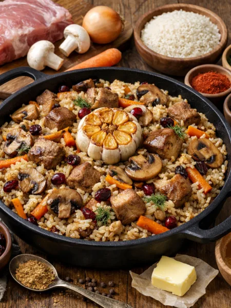 Український плов з грибами та запеченим часником