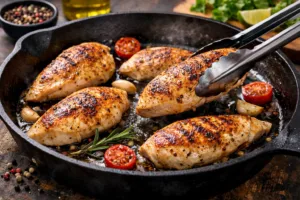 Соковите куряче філе на сковороді з рум’яною скоринкою під час смаження