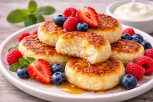 сирники без борошна крупним планом з ягодами та медом