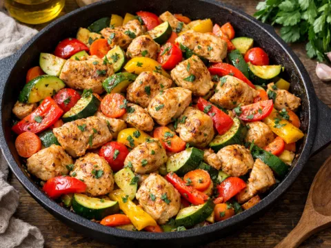 куряче філе з овочами на сковороді