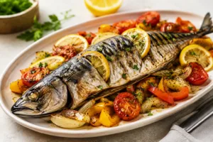 Скумбрія з овочами та лимоном у духовці