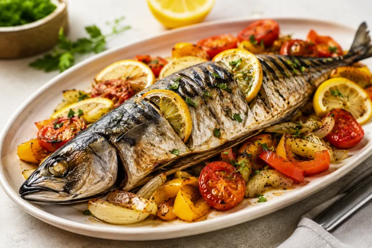 Скумбрія з овочами та лимоном у духовці