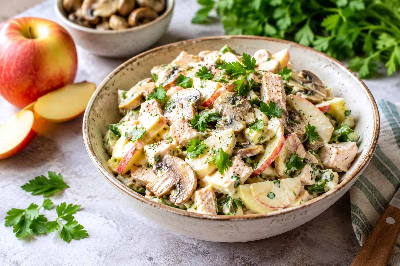 Салат із маринованими грибами, яблуком і куркою