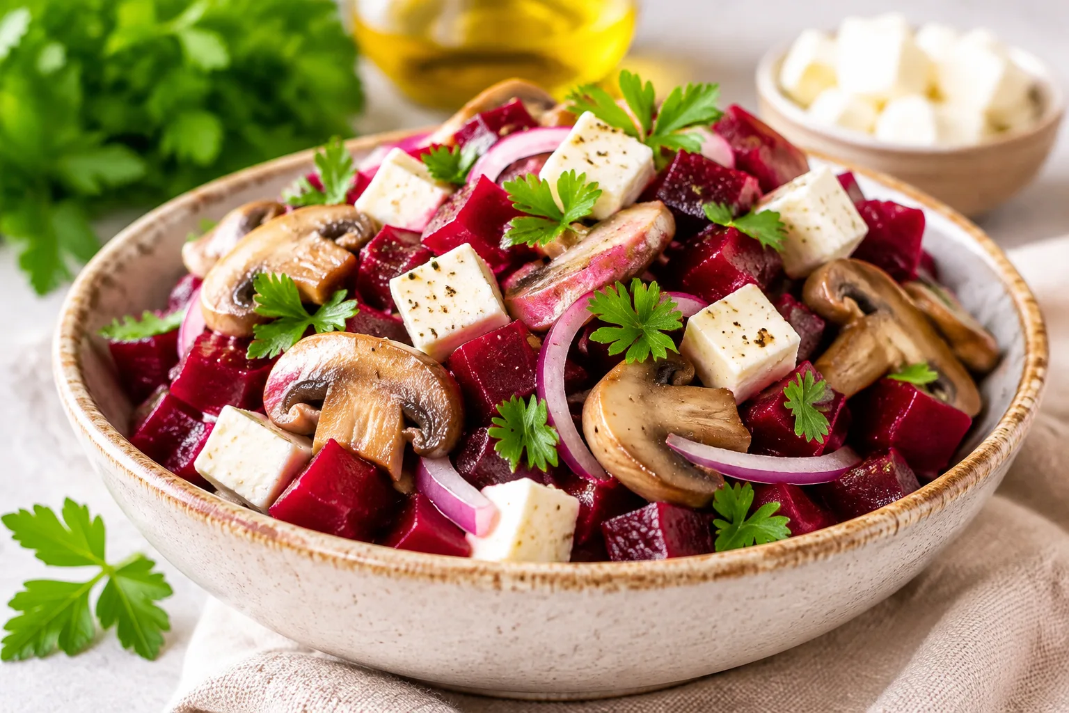 Салат із маринованими грибами, буряком і фетою